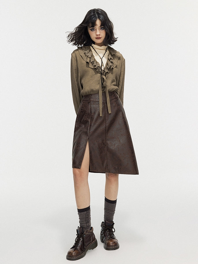 Leather Lace Asymmetry Middle Skirt