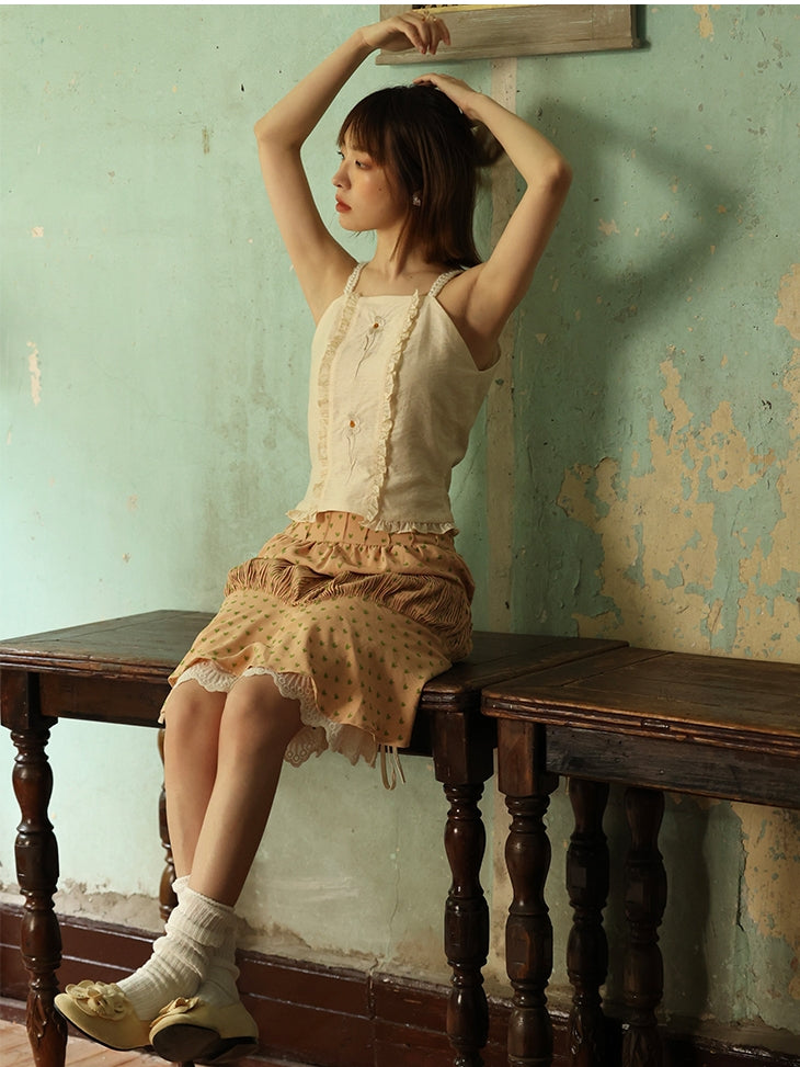 레이스 프릴 꽃 자수 천연 카미솔
