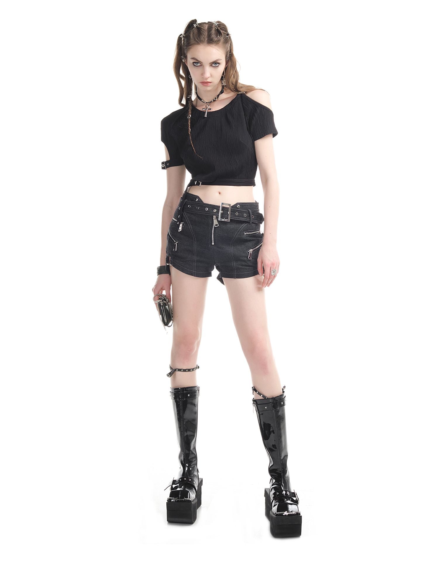 Open-shoulder Nichi Belt Cropped Cool Tops&Pants