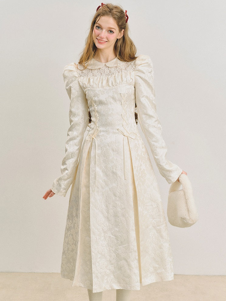 Jacquard Lace-Up Tuck Pleated Dress