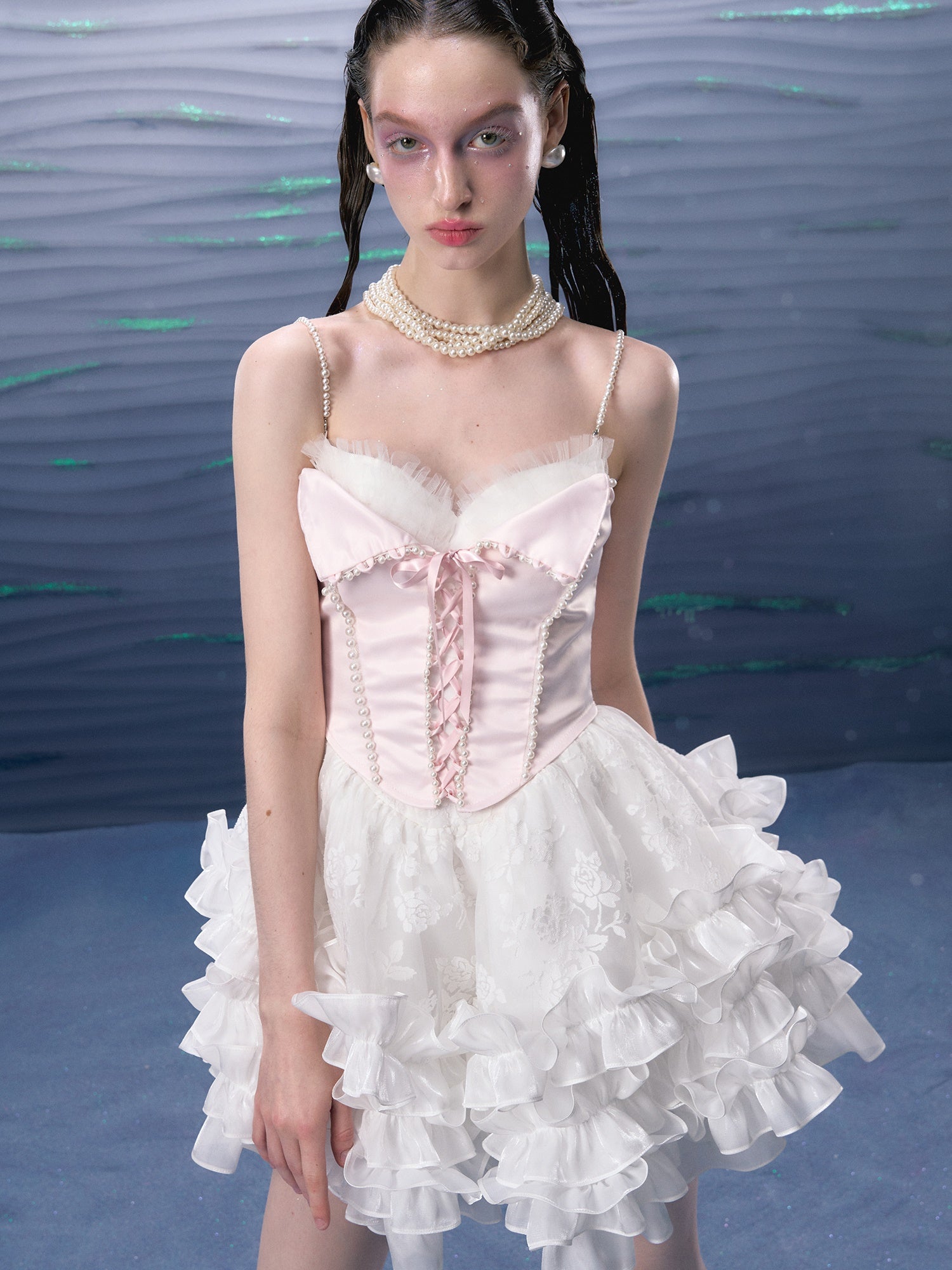 Organza Puffy Suspender Dress & Pearl Corset