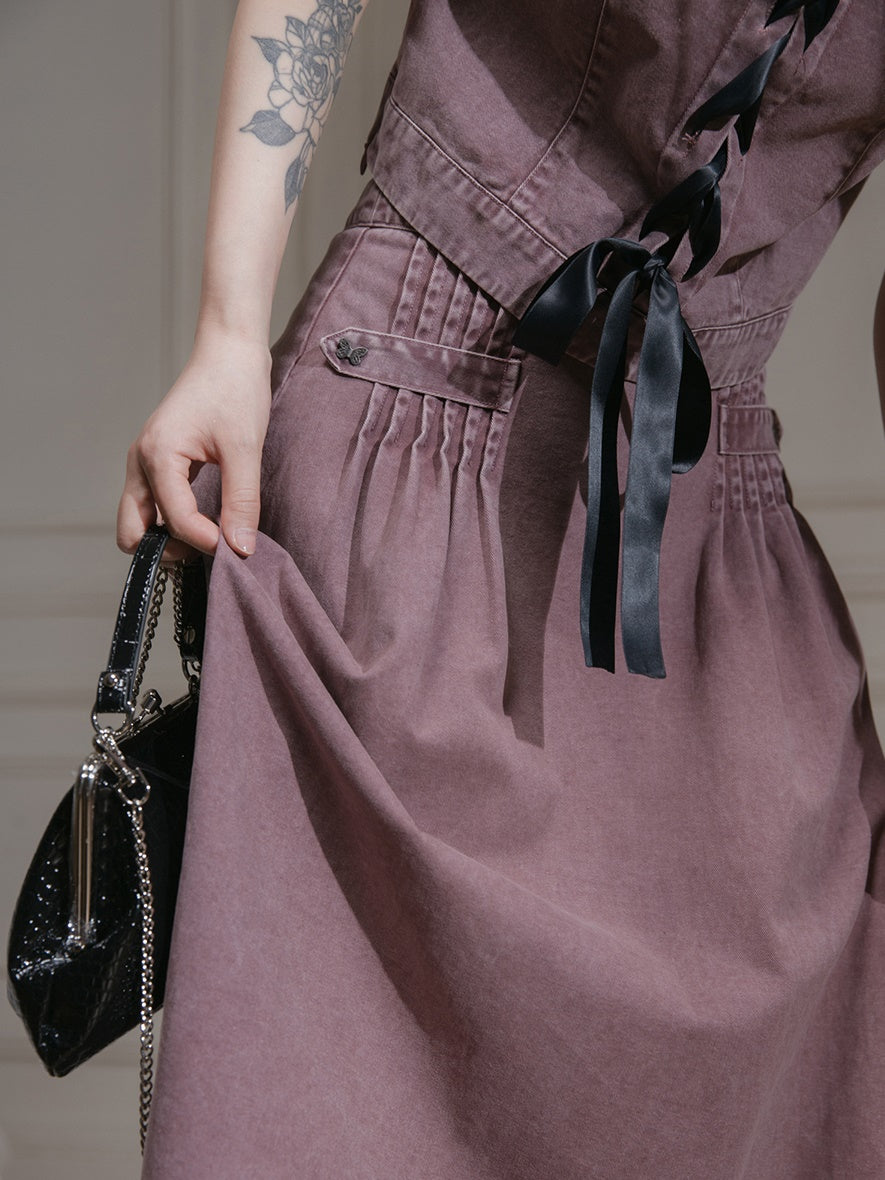 Washed Denim Lace-Up Top & A-Line Skirt Set-up