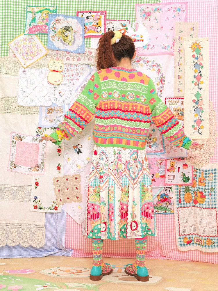 스트라이프 버니 체크 라운드 넥 니트 가디건