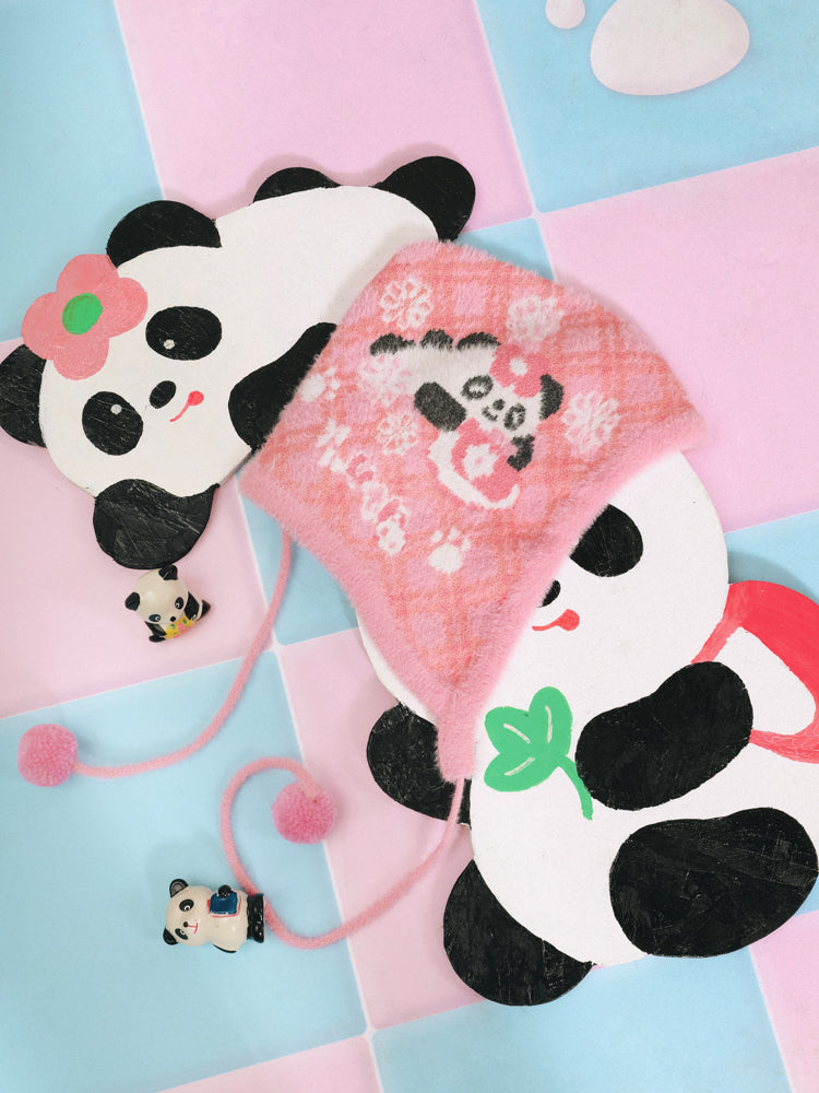 레트로 격자 무늬 자이언트 팬더 봉제 니트 귀 보호 모자