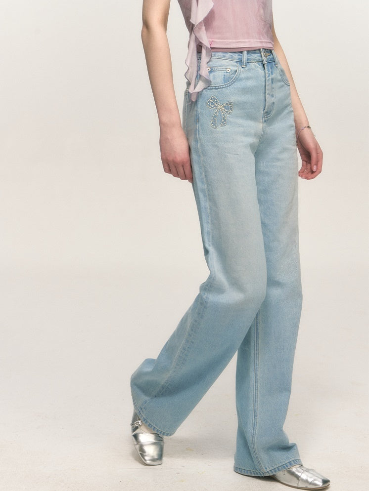 Embroidered Washed Distrssed Straight Loose Denim