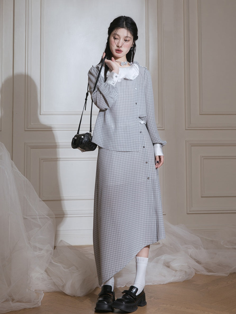 Contrast Color Plaid Shirt & Asymmetry Skirt Set-up