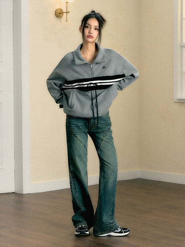 Contrast Line Stand Collar Half-Zip Pullover