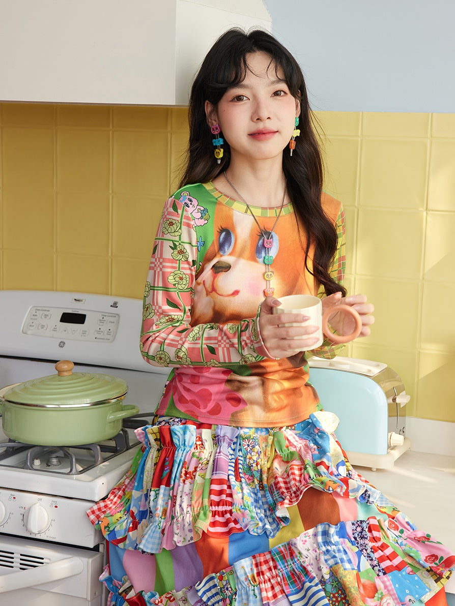 Puppy Print Plus Velvet Long-sleeved T-shirt