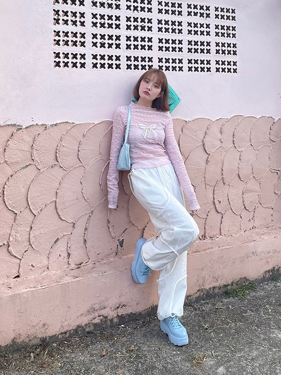 Long-sleeved Wrinkled Hollow Bowknot Bottoming Shirt