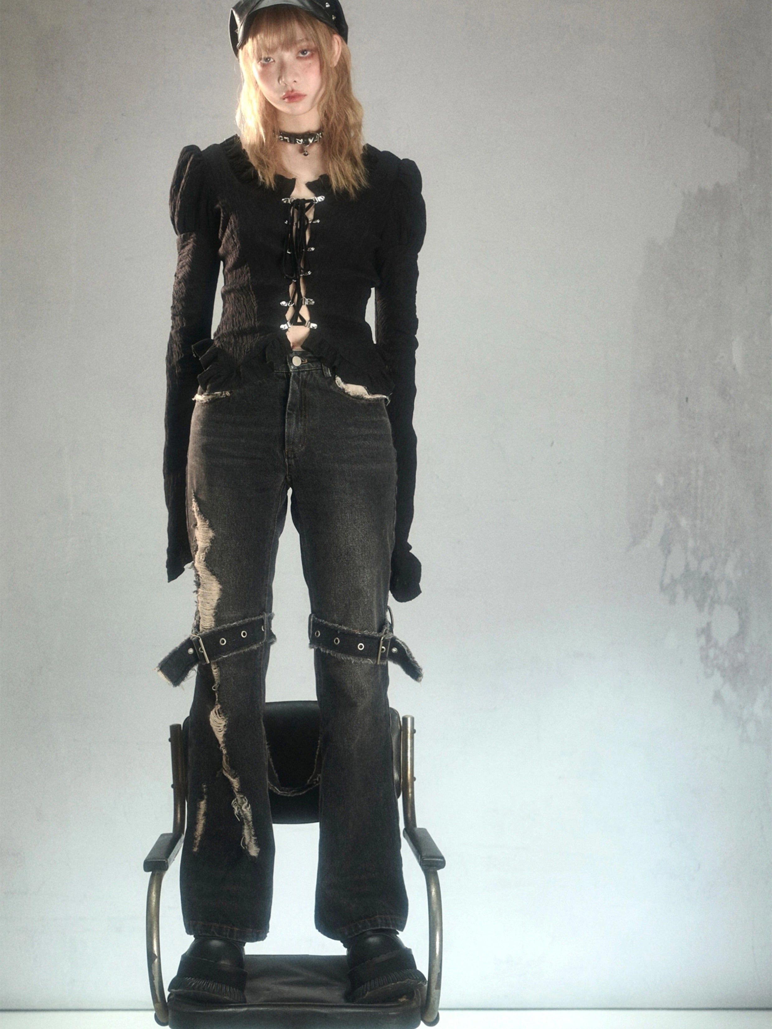 Punk Raw Edge Ripped Holes Flared Denim Trousers