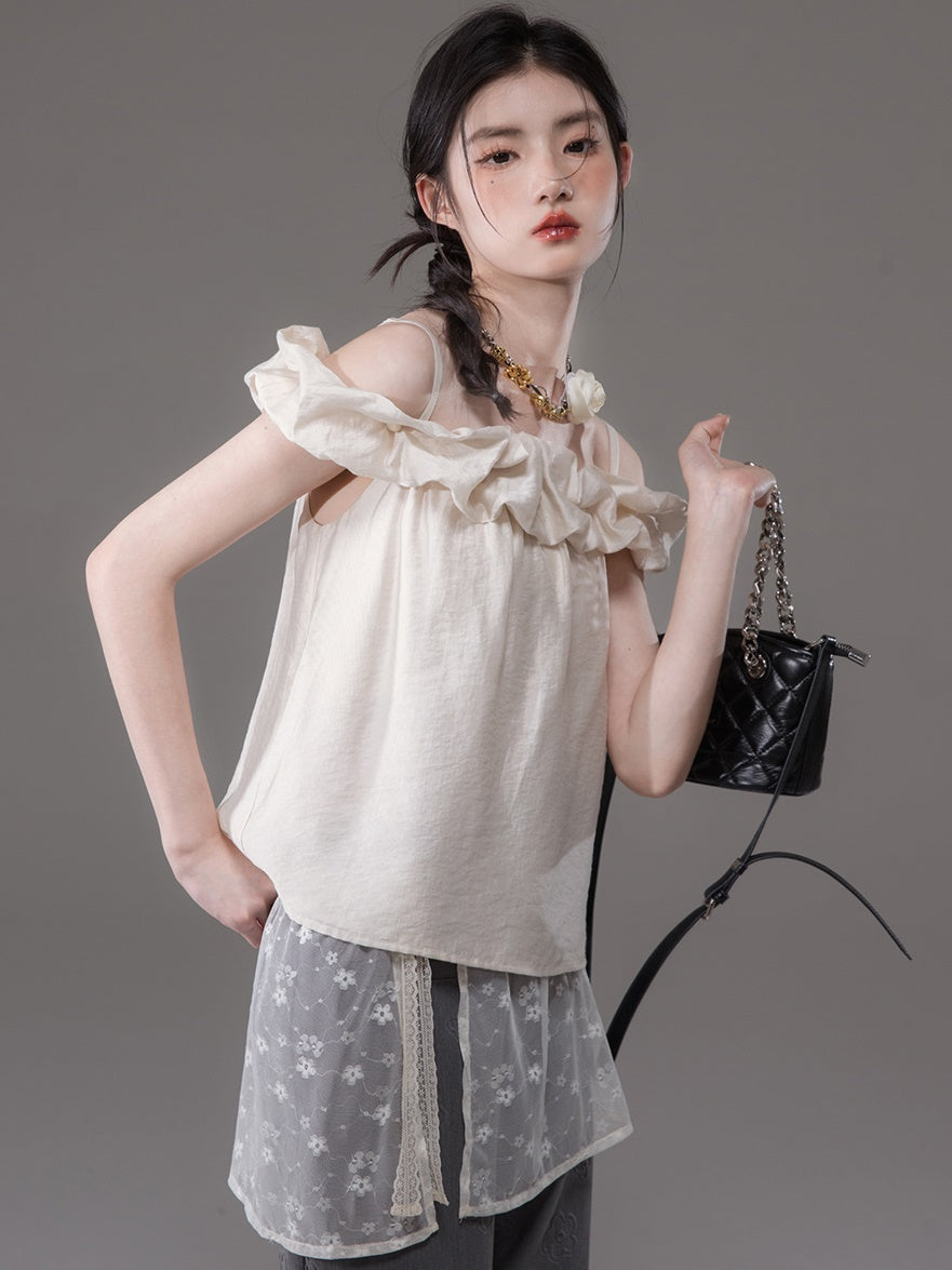 Flower Bud Off-shoulder Shirt & Lace Apron Set-up