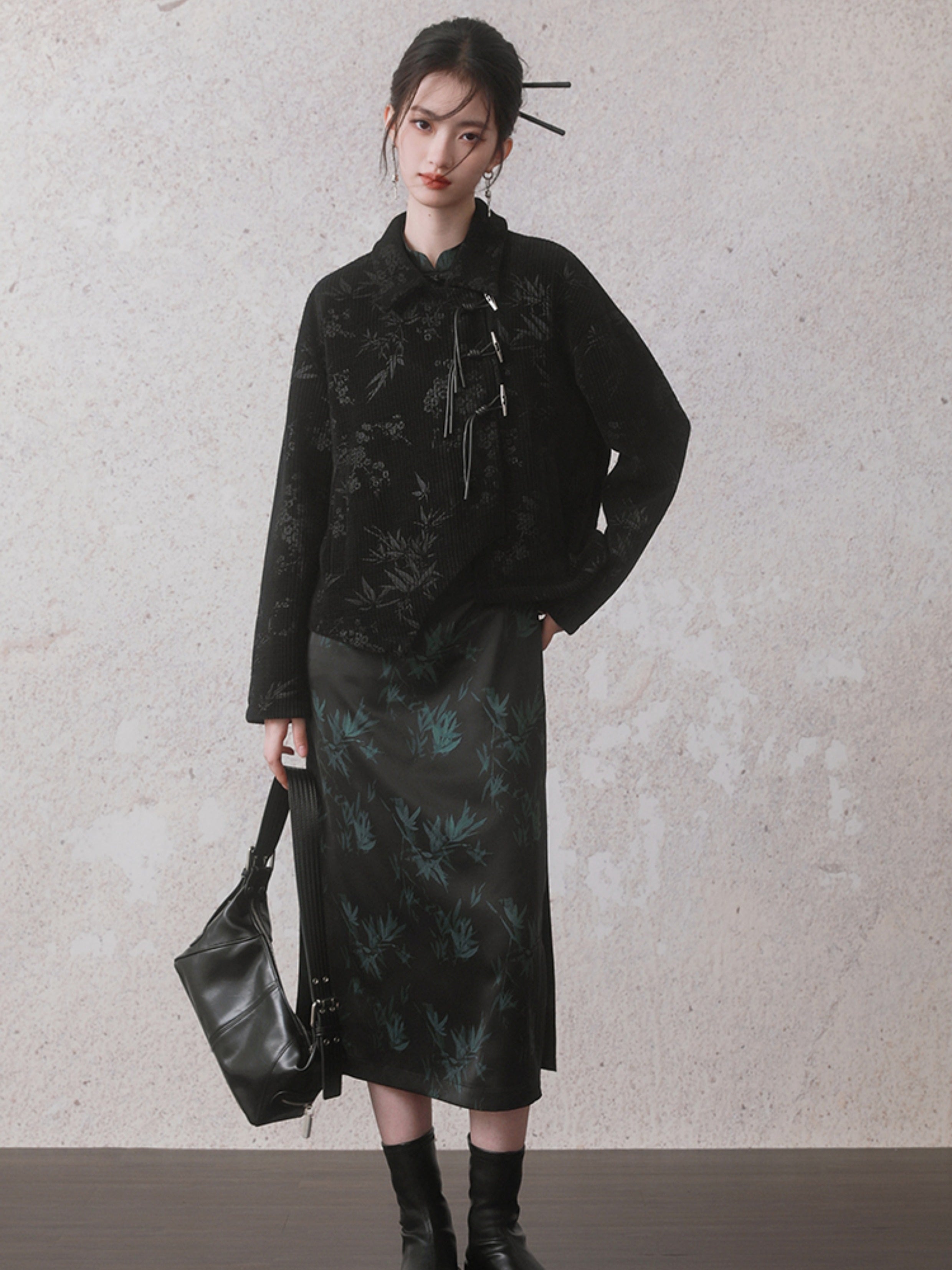 Bamboo Leaf Print Cheongsam Long Sleeve Dress