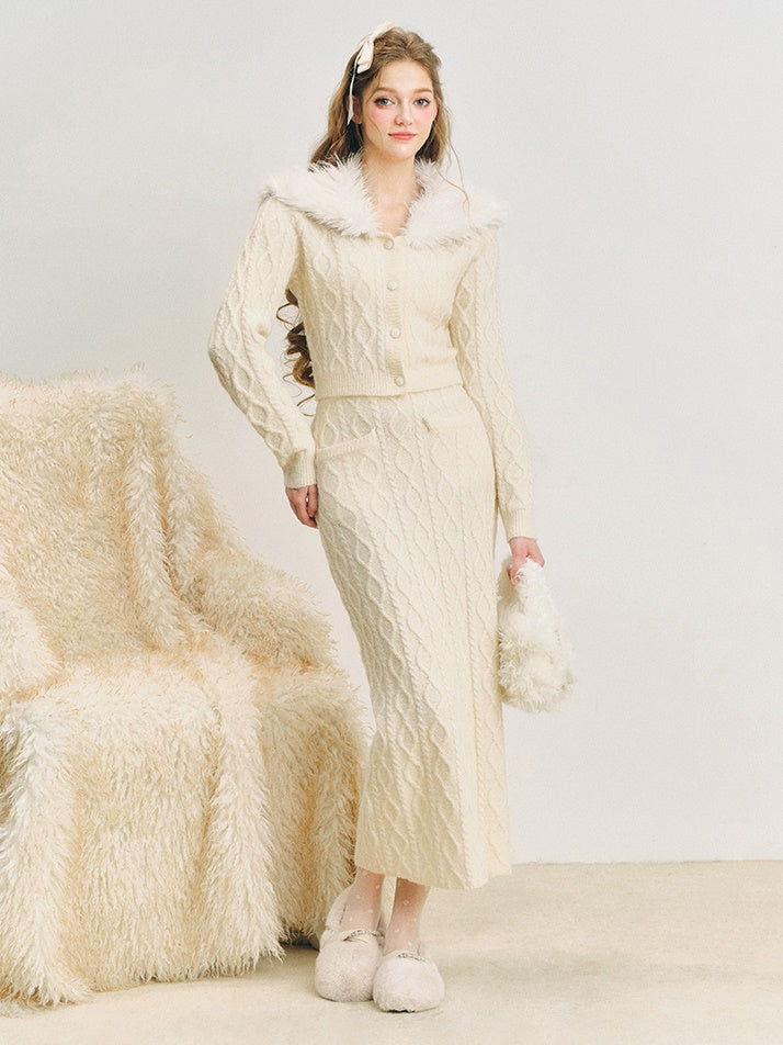 Fur Collar Twist Knitted Cardigan & Long Skirt