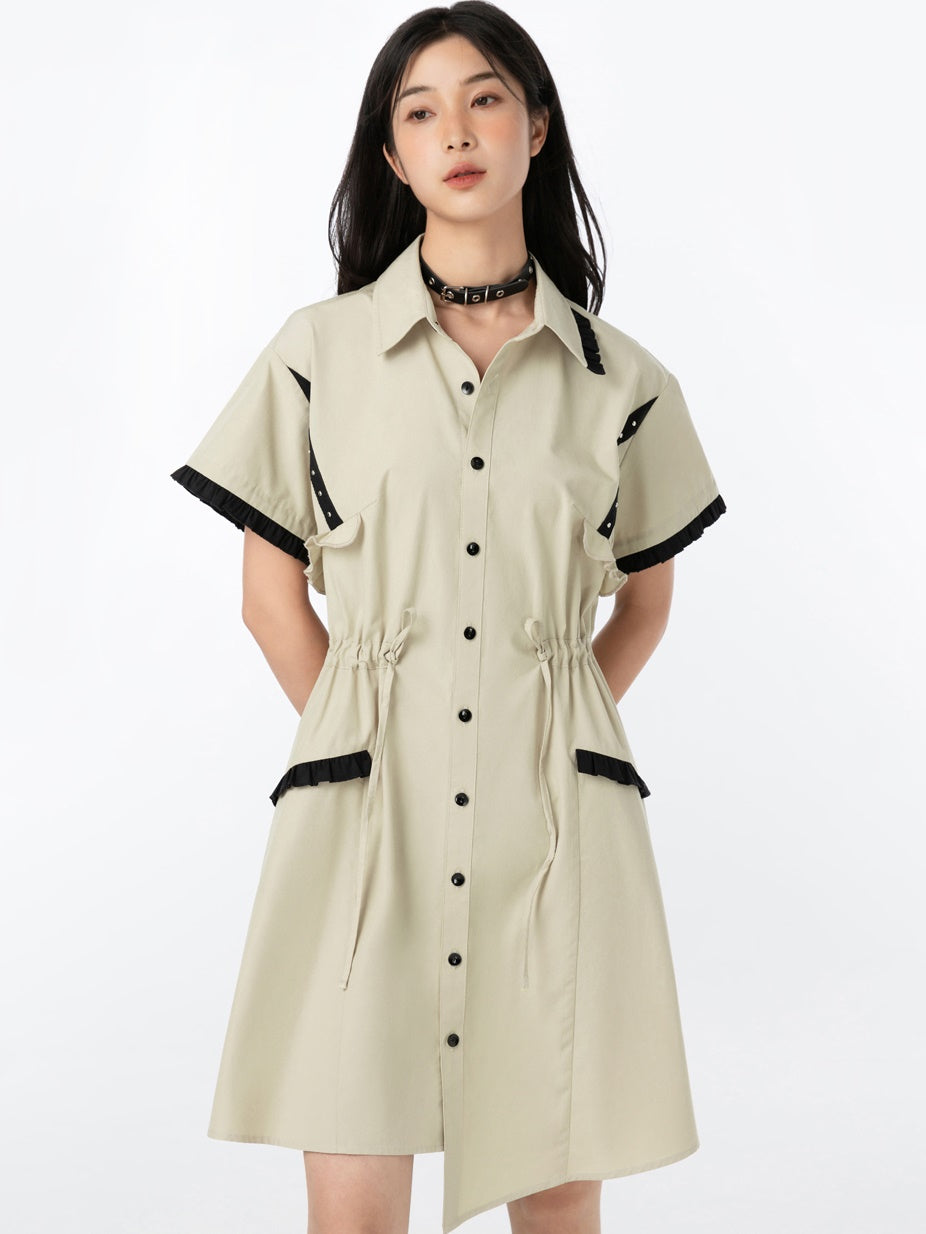 짧은 슬리드 드로 스트링 허리 셔츠 원피스