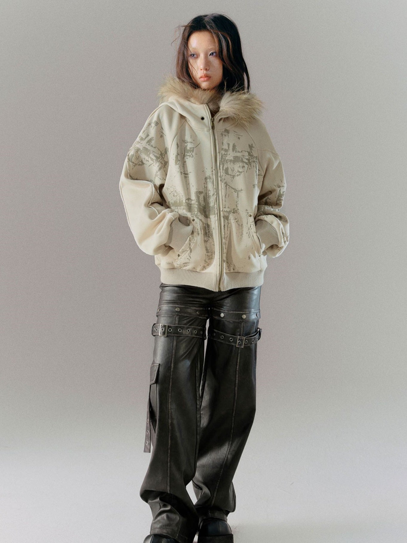 Loose Mottled Graffiti Fur Stitch Hooded Sweat Jacket