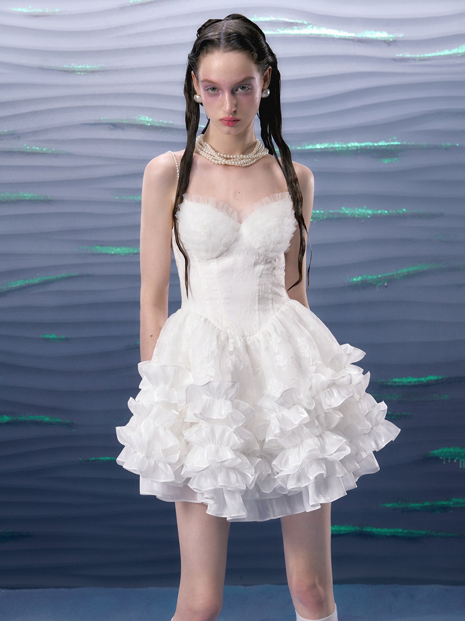 Organza Puffy Suspender Dress & Pearl Corset