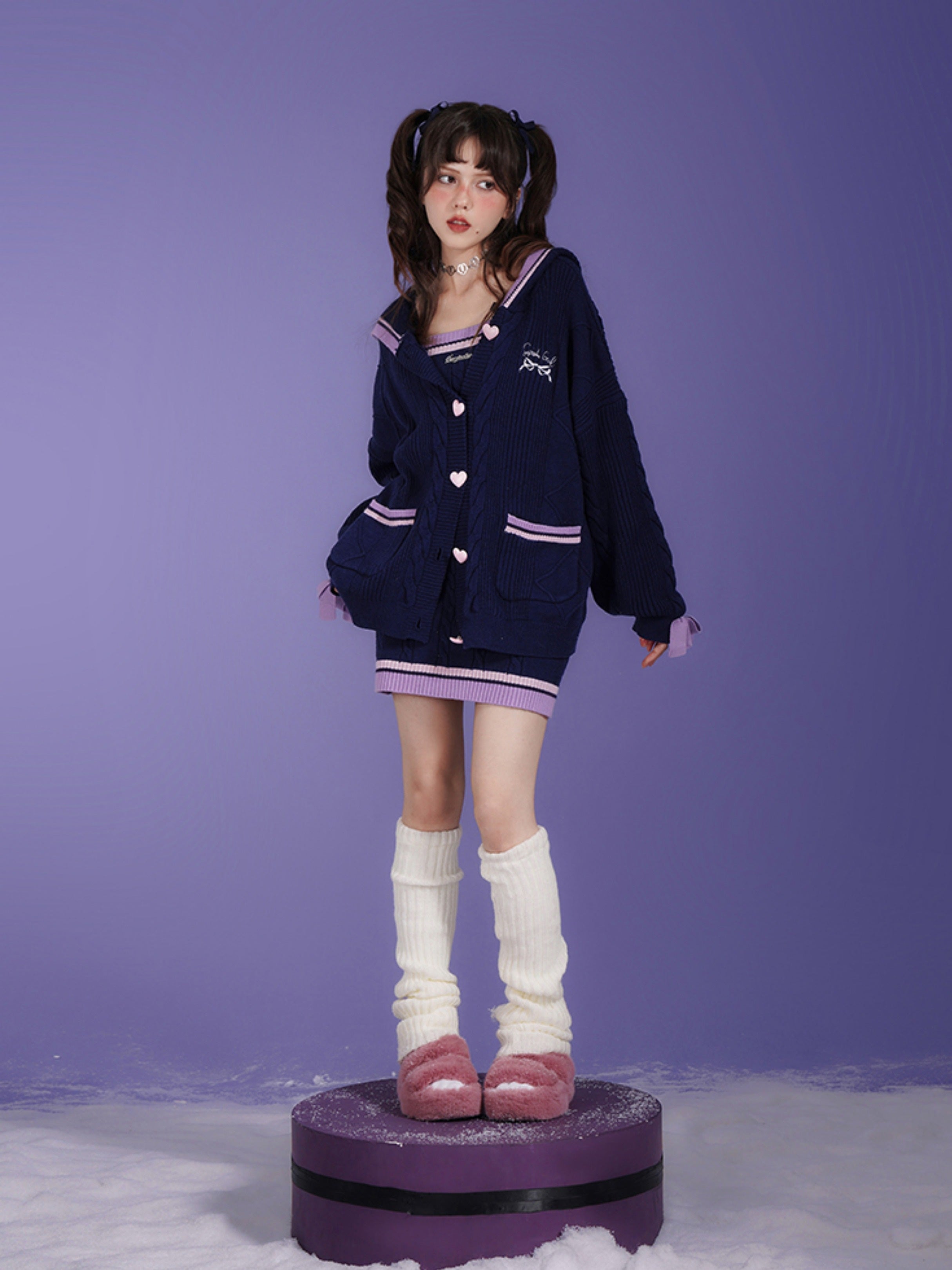 Line Design Hooded Knitted Cardigan & Cable Knitted Slip Dress