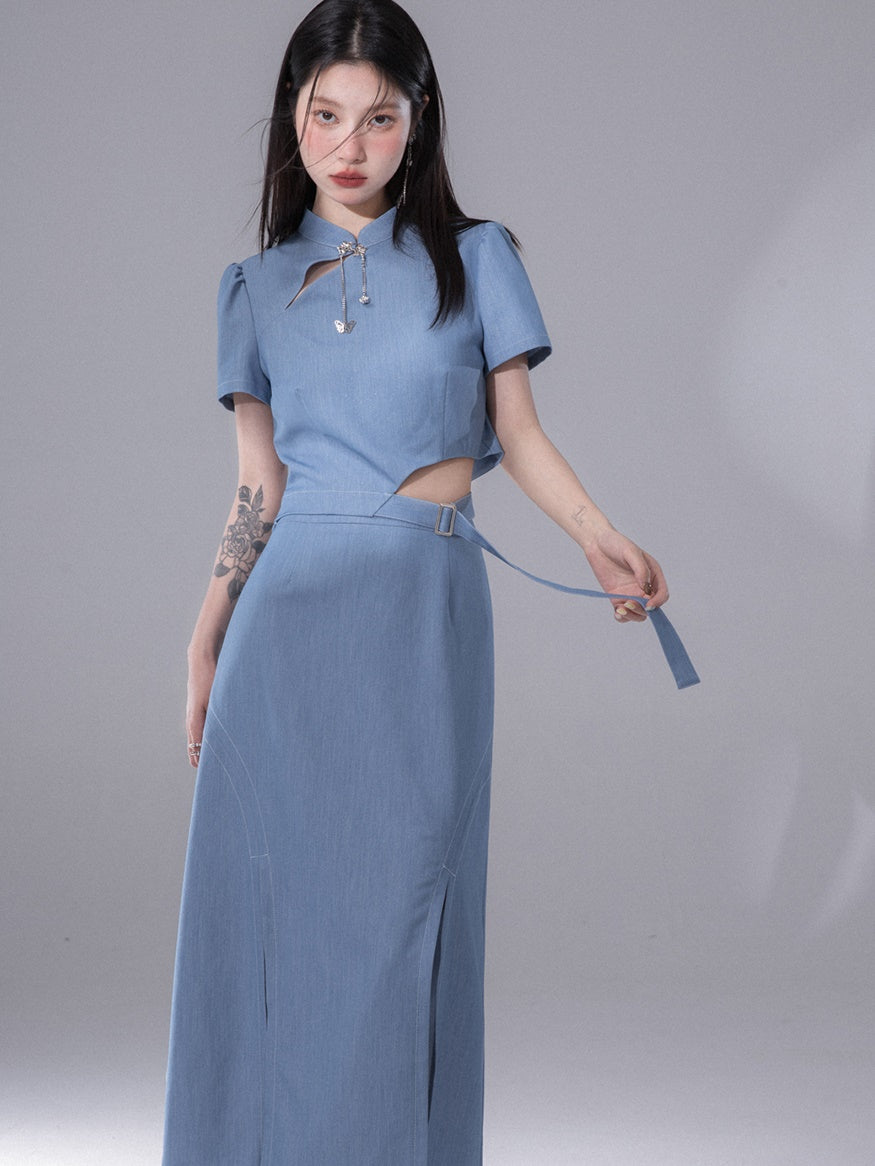 Cut-out Chinese Short Sleeve Top & Slit Skirt Set-up