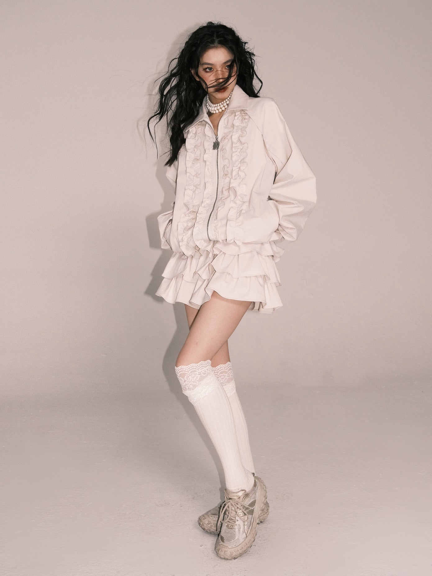 Ruffled POLO Collar Swing Jacket & Cake Skirt