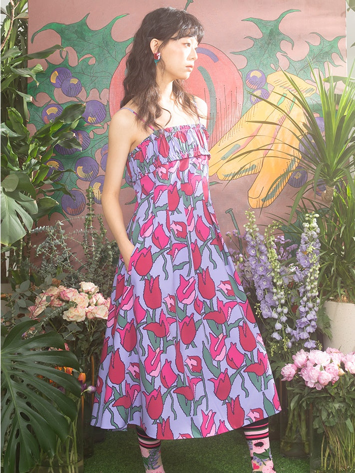 튤립 풀 프린트 서스펜더 원피스