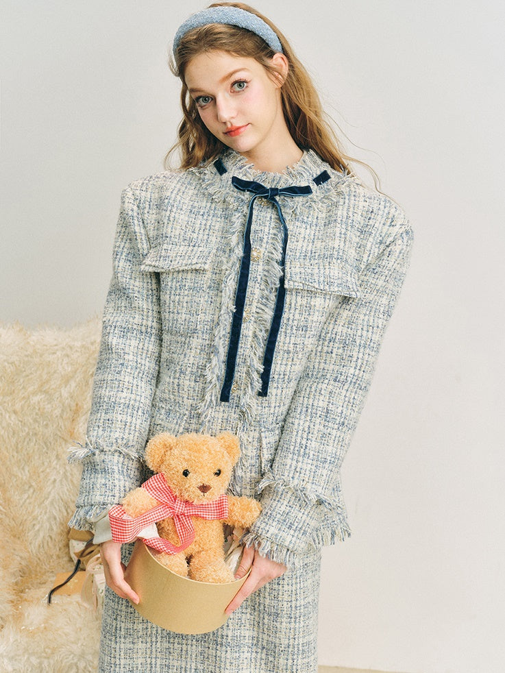 Loose Silhouette Tweed No-Collar Jacket & Mid-Length Skirt