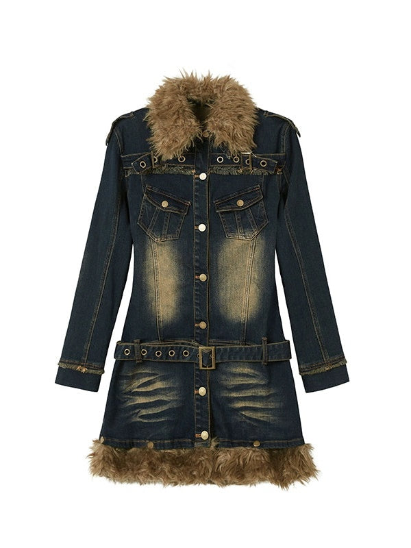 Fur Collar Washed And Distressed Slim Denim Dress