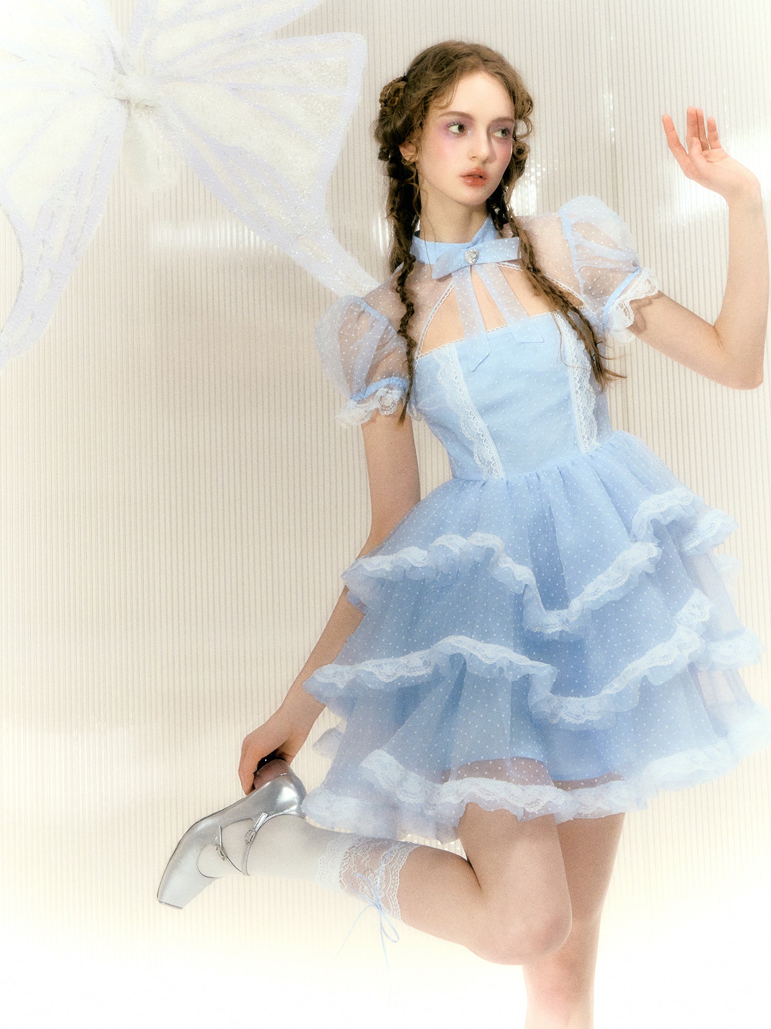 Polka Dot Rhinestone Bow Short-sleeved Lace Princess Dress
