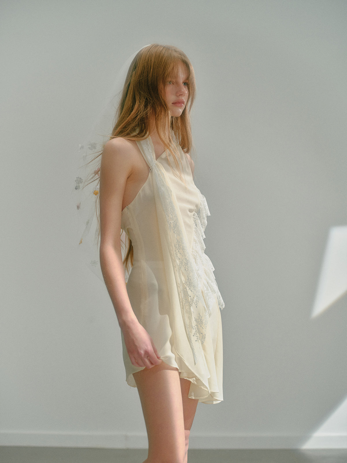 Ribbon Irregular Diagonal Lace Halterneck Chiffon Dress