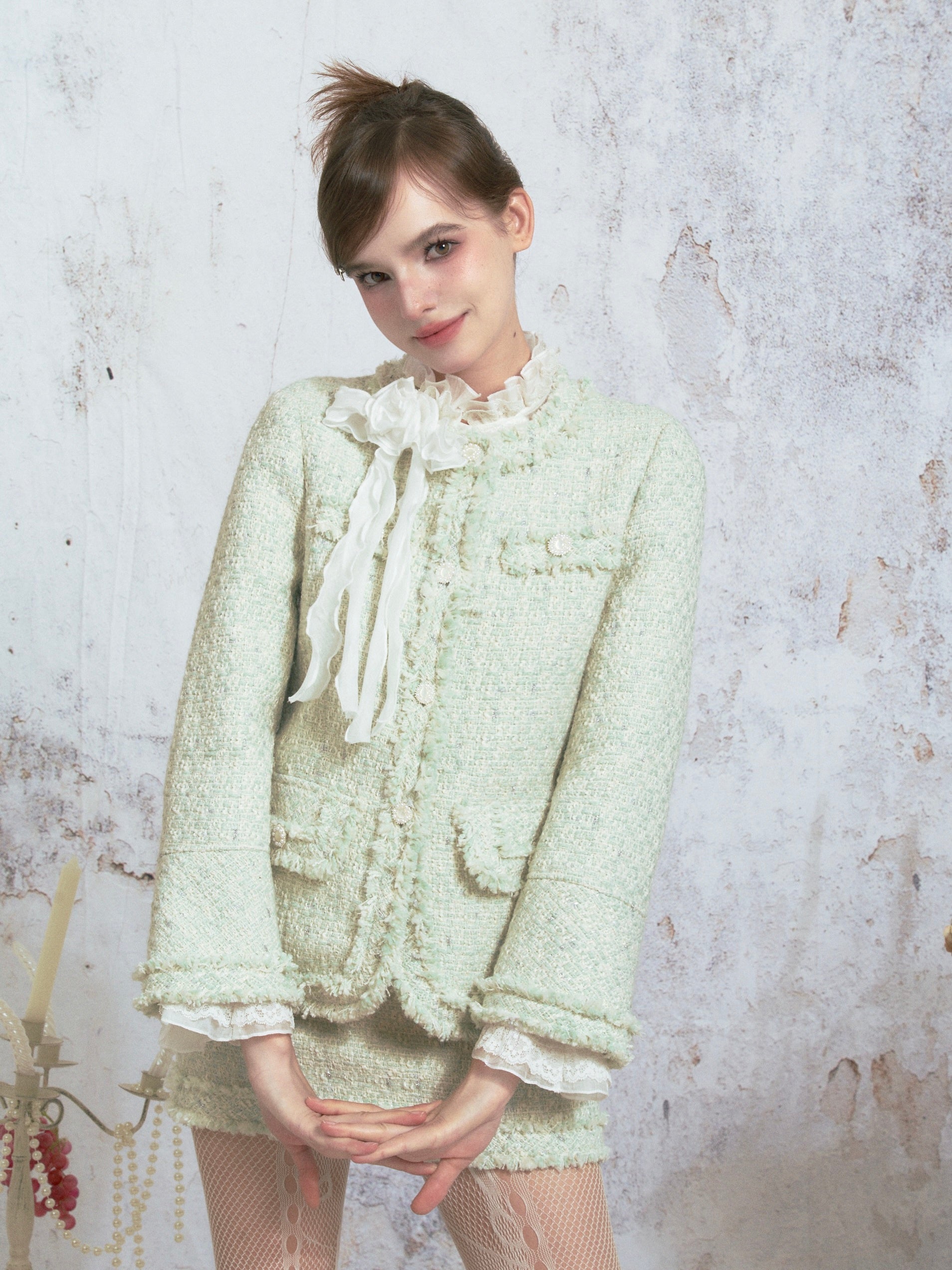 Tweed Raw Edge Camellia Jacket & Skirt