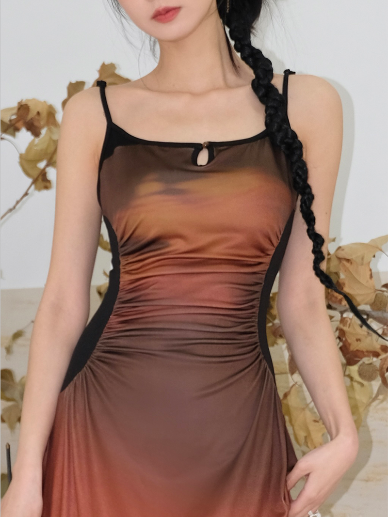 Gradation Printed Elastic Slim Fit Suspender Dress