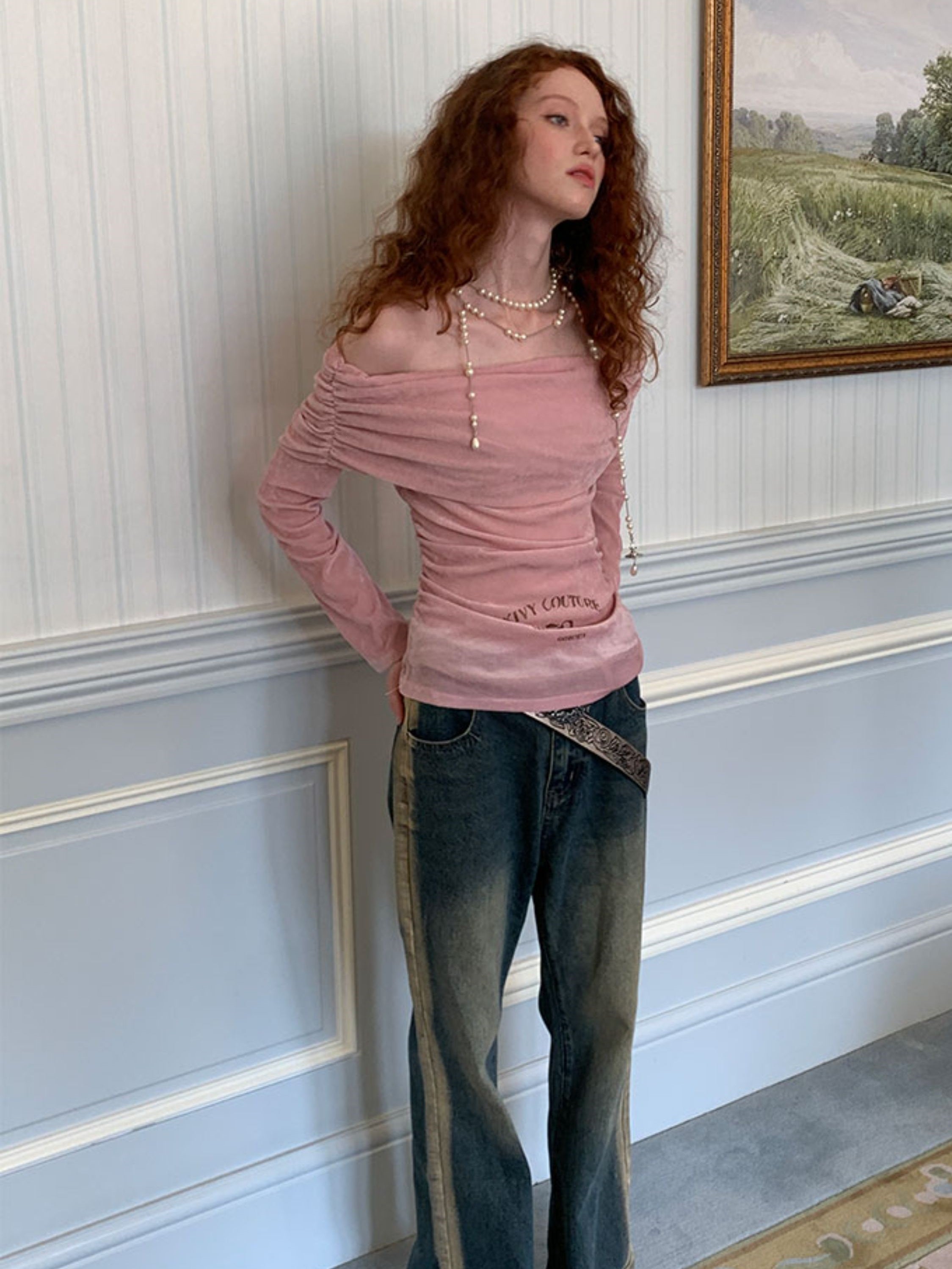 원라인 칼라 벨벳 프린트 스트레치 보텀 셔츠