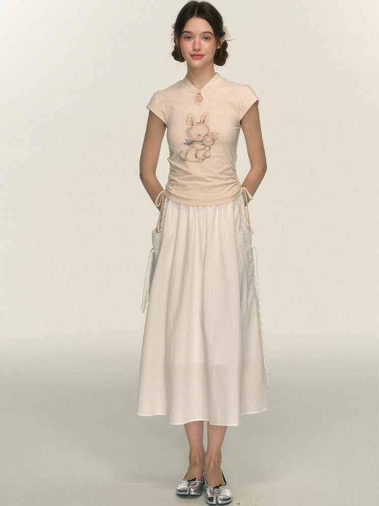 Chinese Style Rabbit Print Drawstring T-shirt