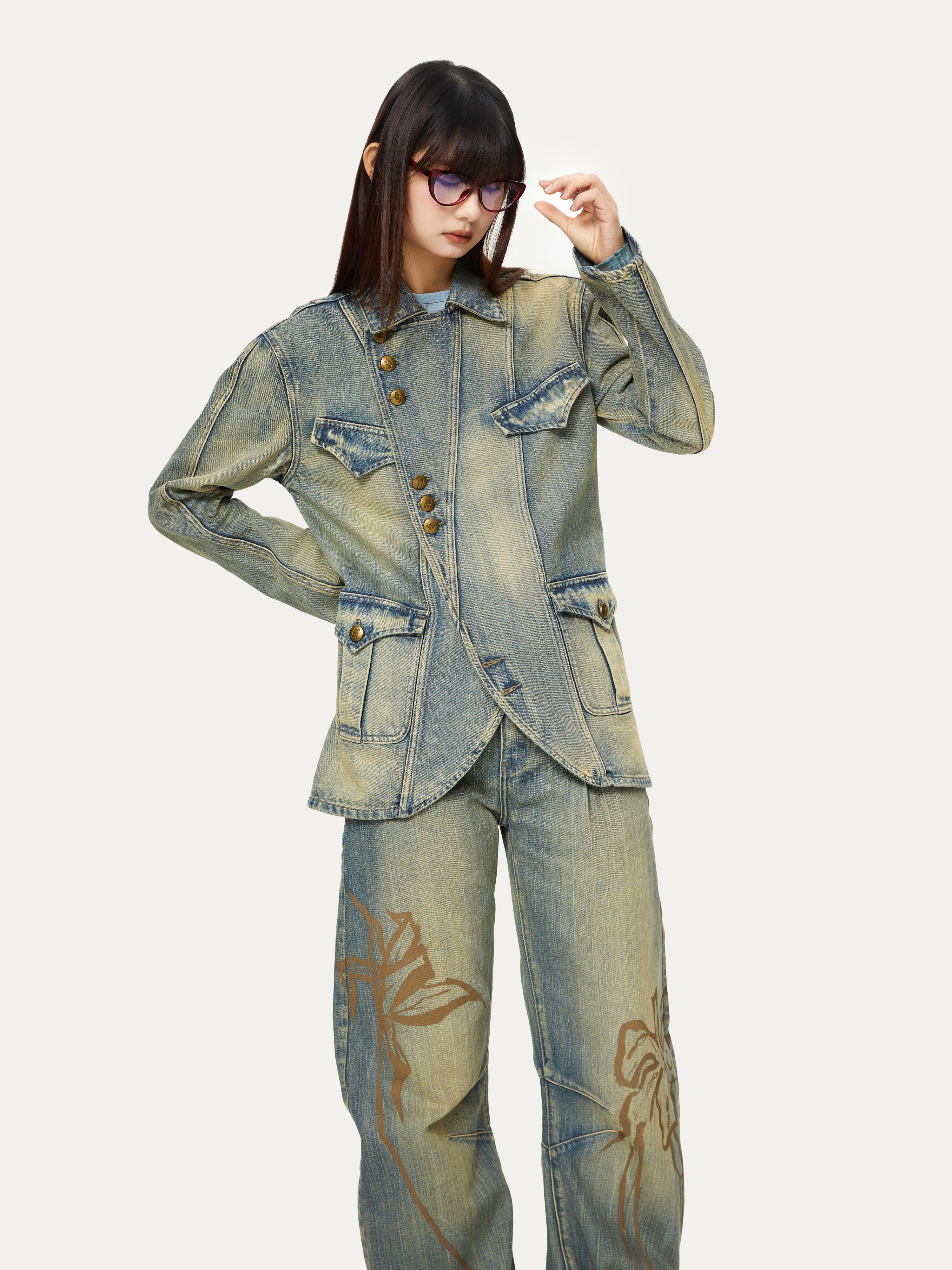 Distressed Deconstructed Casual Denim Jacket & Curve Denim Pants