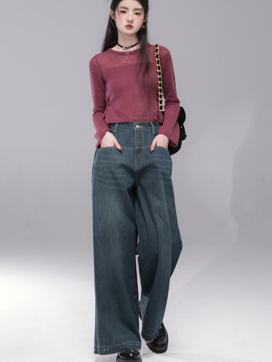 Wavy Split Line Retro Wide-leg Jeans