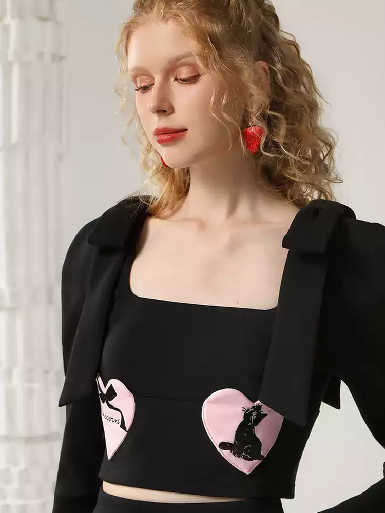 Set-Up Heart Nichi Ribbon Cat Cute Blouse&Long-Skirt
