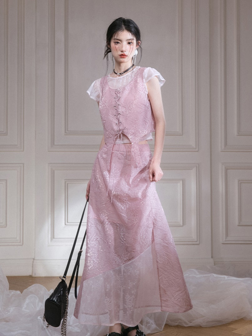Small Flying Sleeve T-Shirt & Embossed Lace-Up Vest Setup & Long Skirt