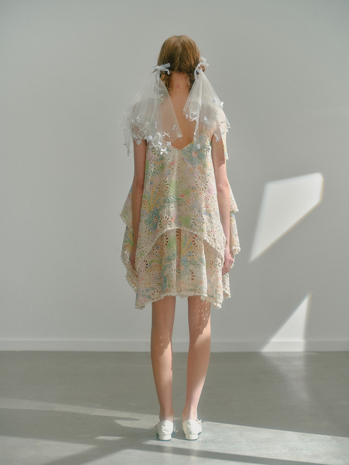 Colorful Print Cutwork Lace Loose Bow Dress