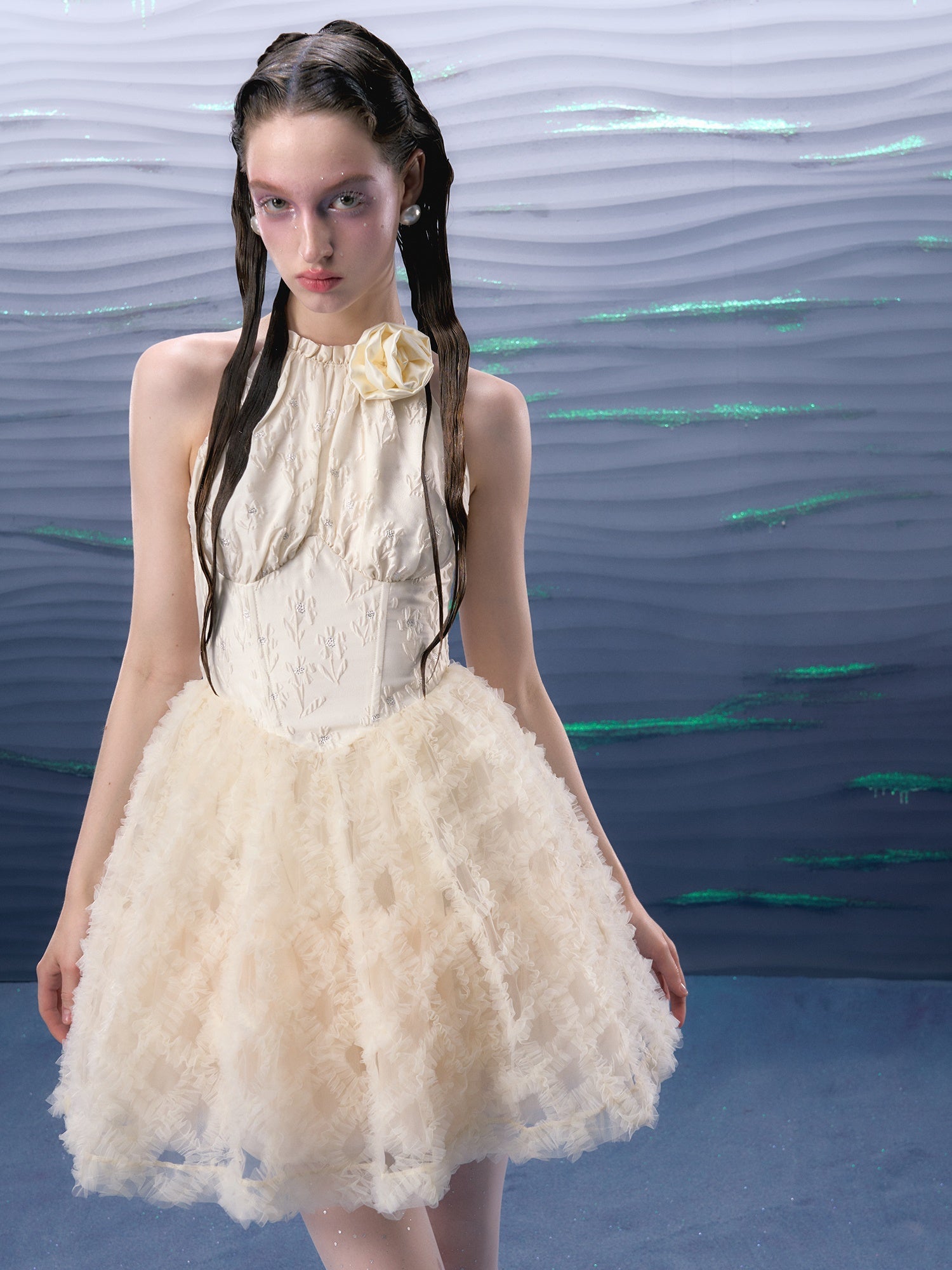 Jacquard Mesh Hem Flower Brooch Halter Neck Dress