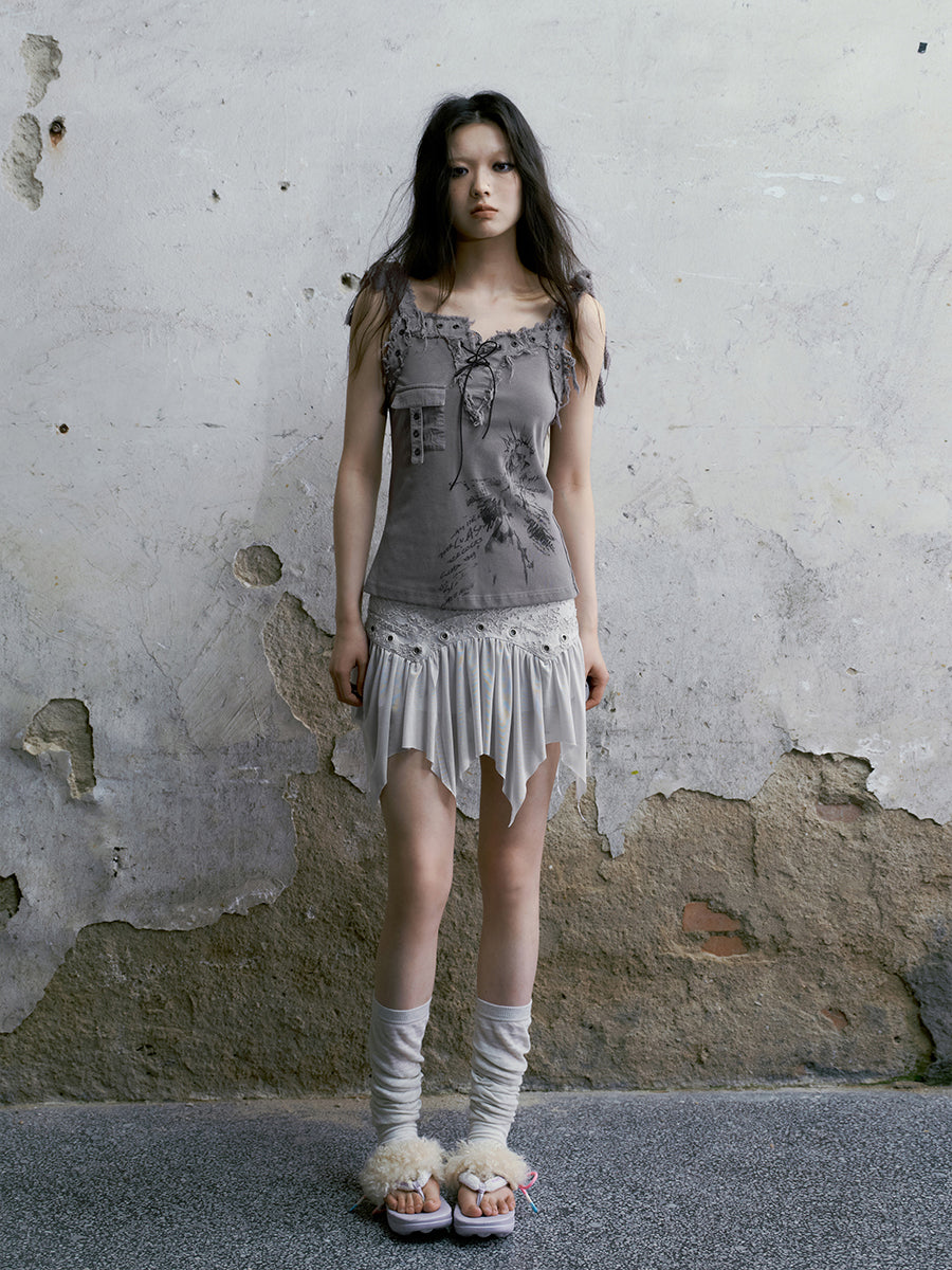 Printed Raw Edge Asymmetric Camisole