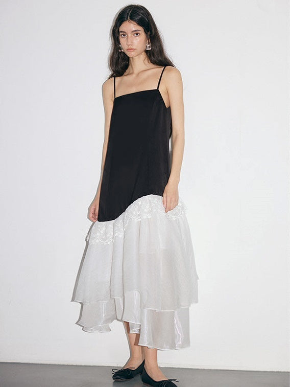 Curved Stitching Design Lace Trimmed Slip Dress