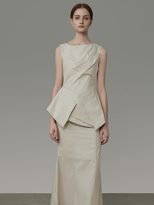 허리 비대칭 주름 디자인 소매가 상단