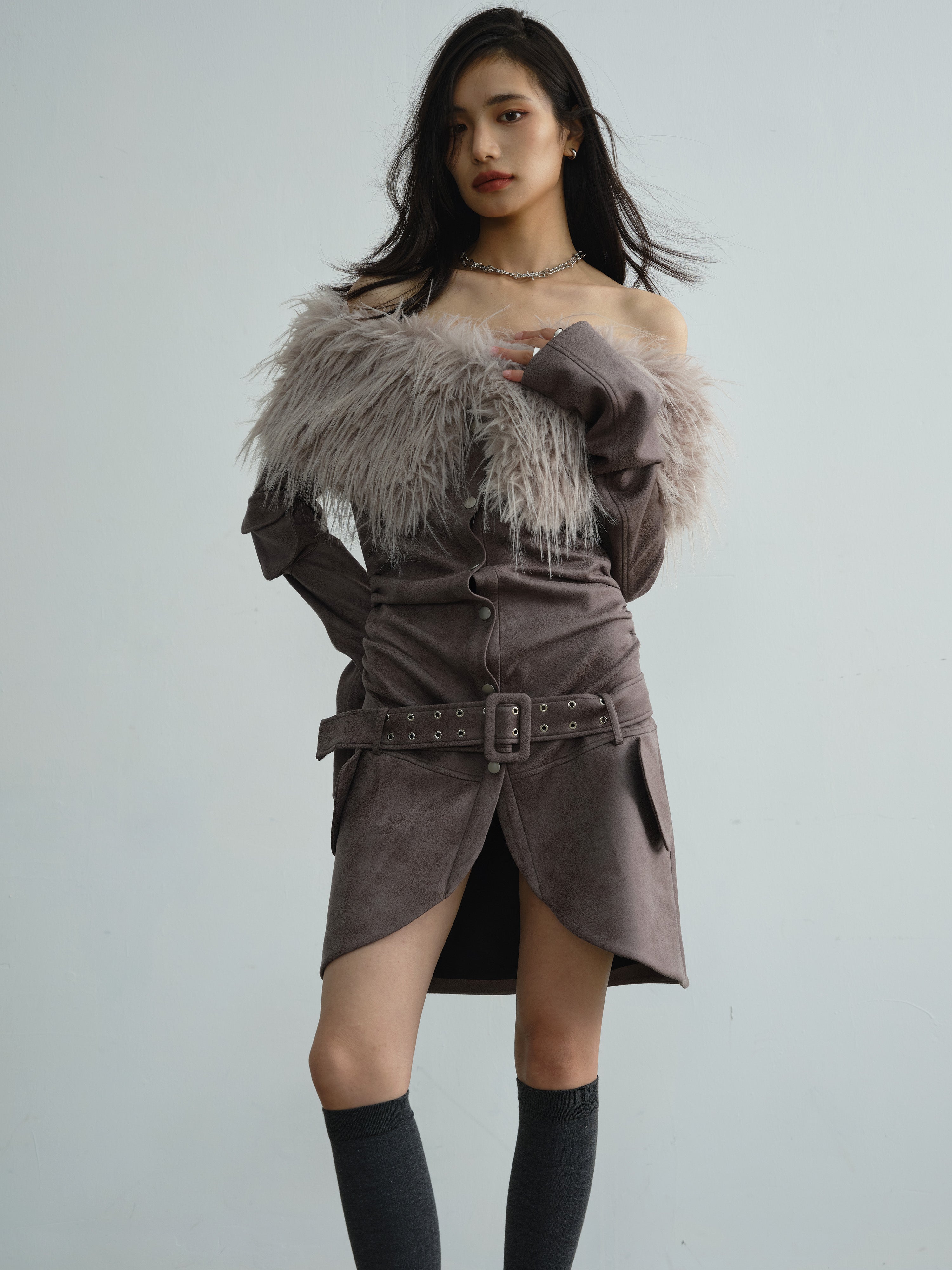 Off-shoulder Fur Collar Pleated Dress