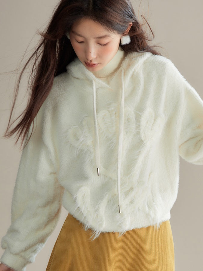 Tulip Hand Embroidery Fluffy Knitted Hooded Top