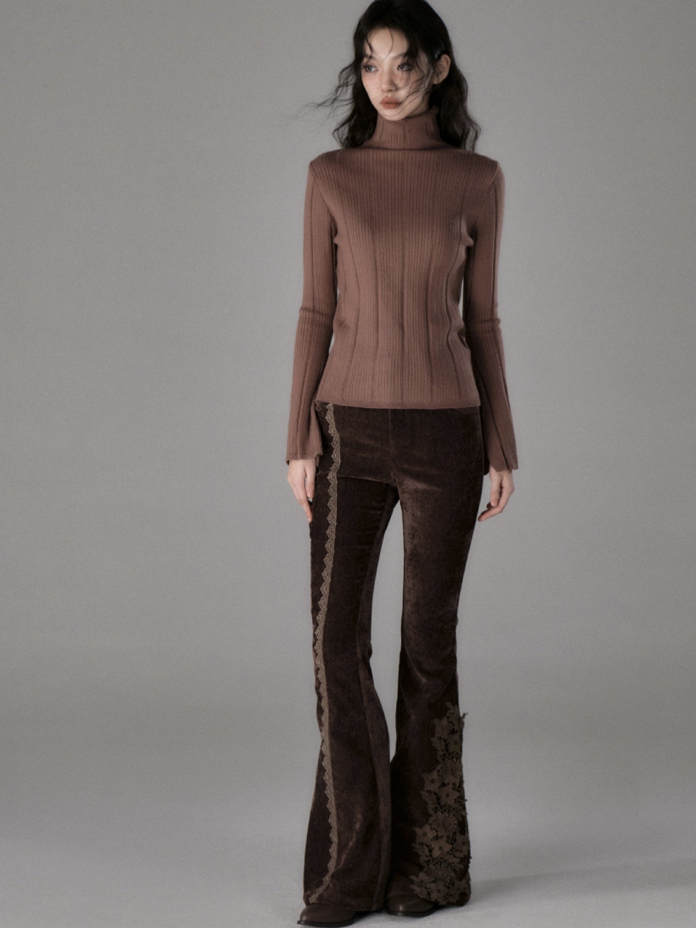 Lace Stitch Elastic Slim Velvet Bootcut Pants