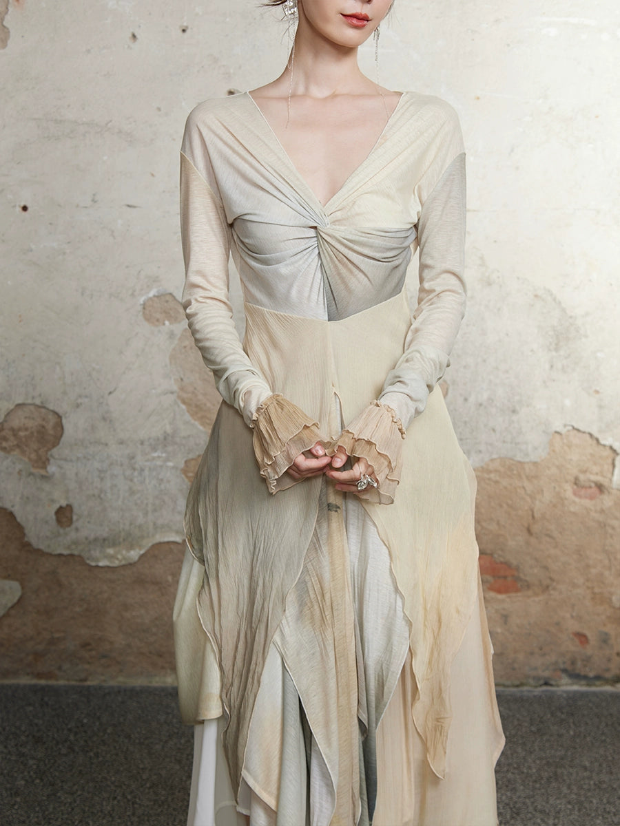 V-Ausschnitt-Twist-Design Langarm Pullover