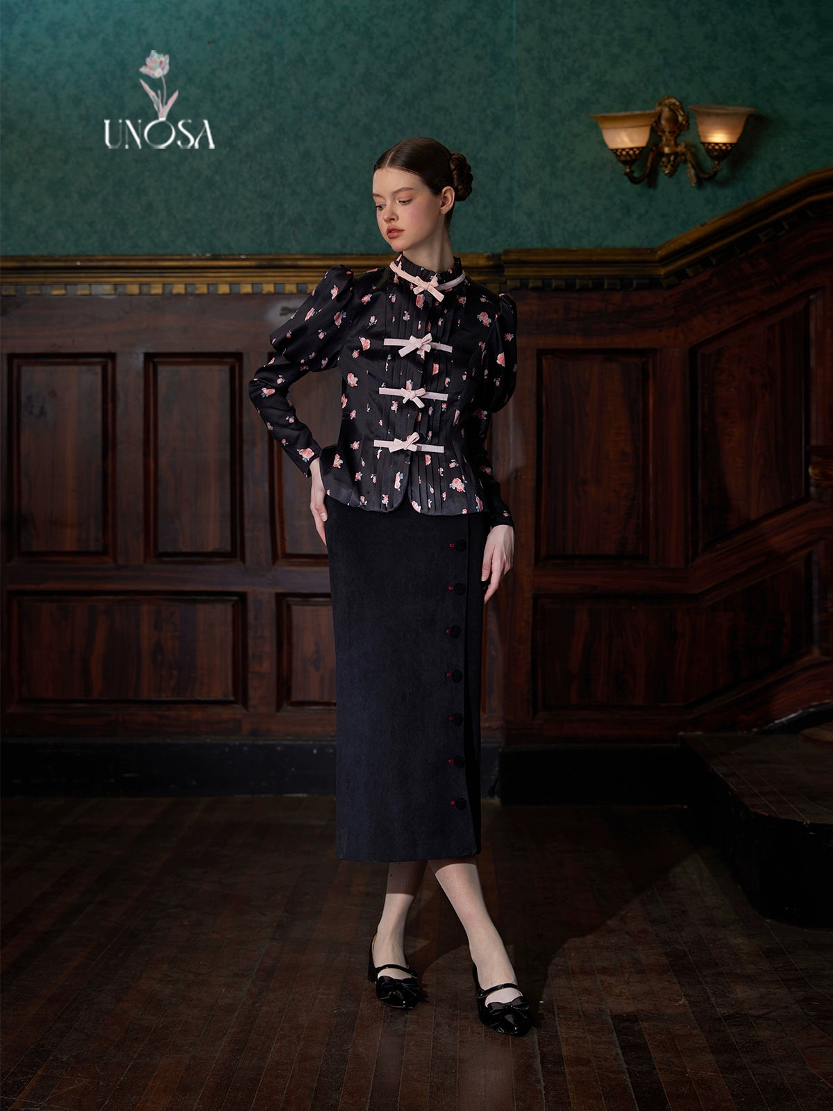 Chinese Style Bow Floral Puff Sleeve Shirt Jacket