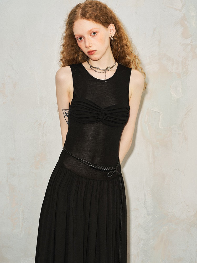 Pleated Draped Sheer Sleeveless Long Dress