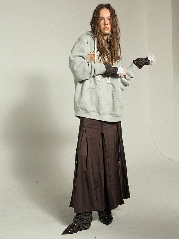 모방 스웨이드 로우 웨이스트 주름 중간 스커트