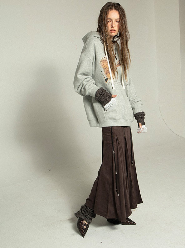 모방 스웨이드 로우 웨이스트 주름 중간 스커트