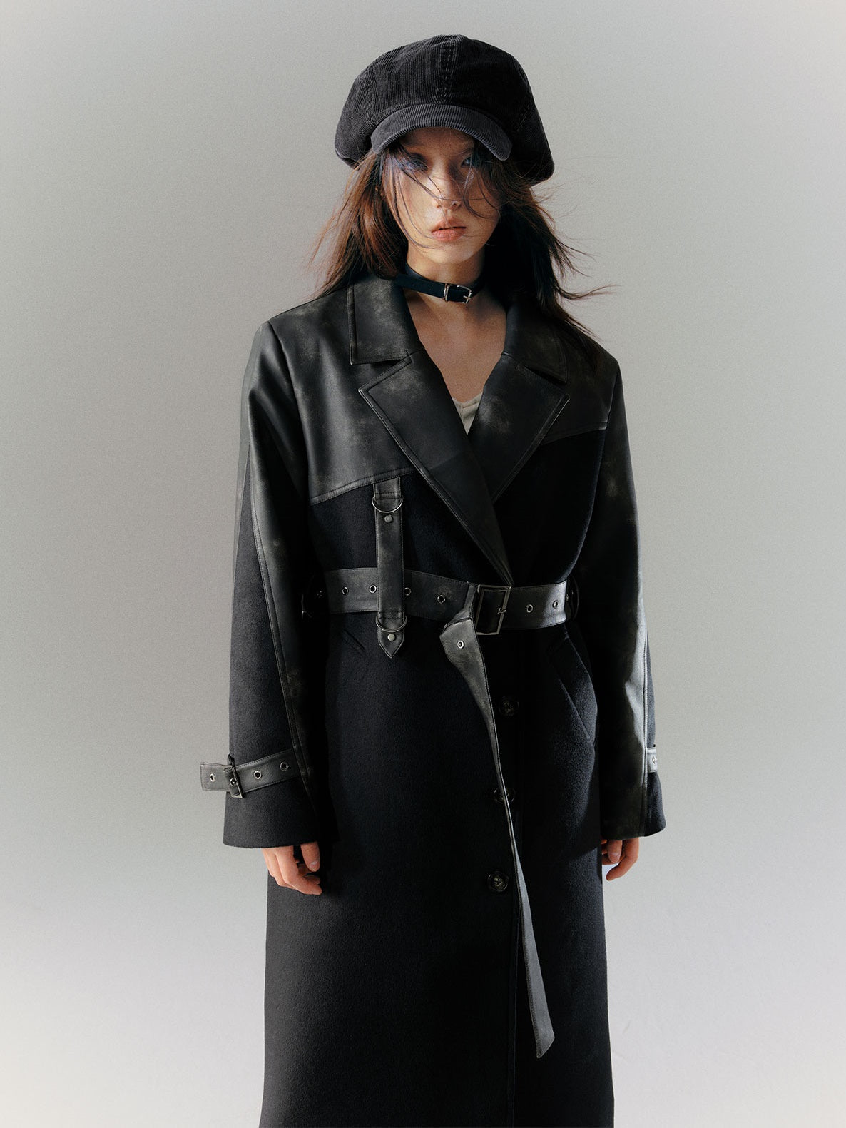 Tie-dye Leather Switching Belted Coat